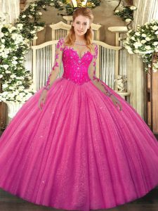 Scoop Long Sleeves Vestidos de Quinceanera Floor Length Lace Hot Pink Tulle