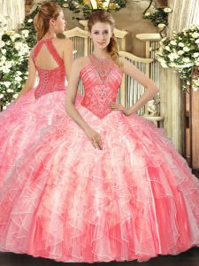 Sleeveless Floor Length Beading and Ruffles Lace Up Sweet 16 Dress with Watermelon Red