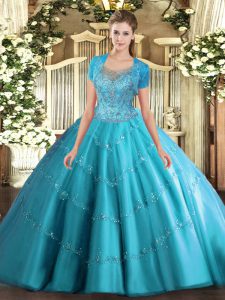 Exquisite Aqua Blue Sleeveless Floor Length Beading and Appliques Clasp Handle Sweet 16 Dress