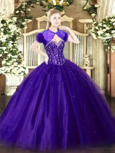 Floor Length Lace Up 15 Quinceanera Dress Purple for Military Ball and Sweet 16 and Quinceanera with Beading