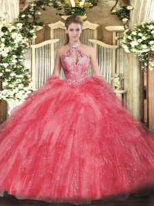 Simple Floor Length Ball Gowns Sleeveless Coral Red Quinceanera Dresses Lace Up