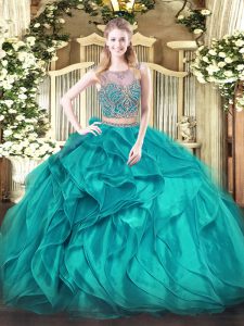 Shining Teal Organza Lace Up Quinceanera Dresses Sleeveless Floor Length Beading and Ruffles