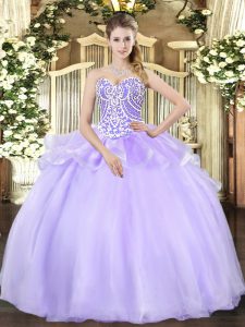 Hot Sale Lavender Ball Gowns Beading Quinceanera Dress Lace Up Organza Sleeveless Floor Length