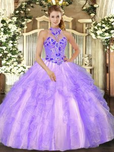 Sexy Lavender Halter Top Neckline Beading and Ruffles Quinceanera Dresses Sleeveless Lace Up