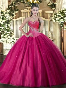 Floor Length Lace Up Quince Ball Gowns Fuchsia for Military Ball and Sweet 16 and Quinceanera with Beading