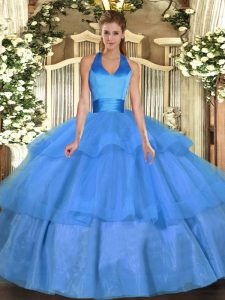 Classical Tulle Halter Top Sleeveless Lace Up Ruffled Layers 15 Quinceanera Dress in Baby Blue