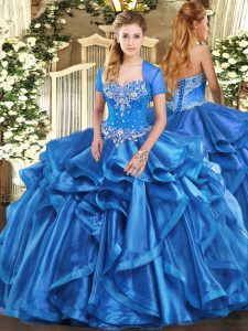 Sexy Sweetheart Sleeveless Quinceanera Gown Floor Length Beading and Ruffles Baby Blue Organza