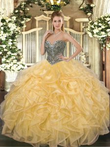 Hot Sale Sleeveless Organza Floor Length Lace Up 15 Quinceanera Dress in Gold with Beading and Ruffles