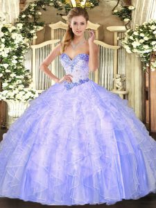 Elegant Sweetheart Sleeveless Quince Ball Gowns Floor Length Beading and Ruffles Lavender Organza