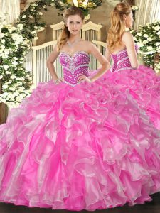 Organza Sweetheart Sleeveless Lace Up Beading and Ruffles Quinceanera Dresses in Rose Pink