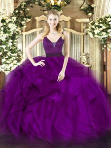 Sleeveless Floor Length Beading and Ruffles Zipper 15 Quinceanera Dress with Purple