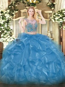 Free and Easy Beading and Ruffles Ball Gown Prom Dress Baby Blue Lace Up Sleeveless Floor Length