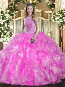 Floor Length Rose Pink Vestidos de Quinceanera Organza Sleeveless Beading and Ruffles