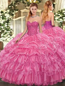 Rose Pink Sweetheart Lace Up Beading and Ruffled Layers and Pick Ups Ball Gown Prom Dress Sleeveless