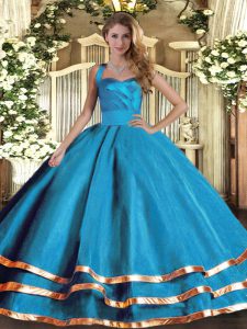 Cheap Sleeveless Tulle Floor Length Lace Up Quinceanera Gowns in Baby Blue with Ruffled Layers