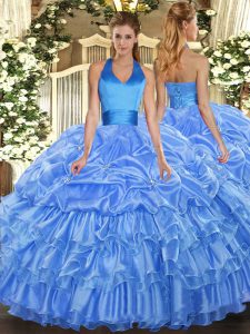 Baby Blue Organza Lace Up Vestidos de Quinceanera Sleeveless Floor Length Ruffled Layers and Pick Ups