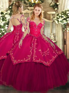 Wine Red Lace Up Scoop Lace and Embroidery 15th Birthday Dress Organza and Taffeta Long Sleeves