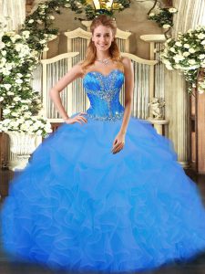 Stunning Blue Lace Up Sweet 16 Dress Beading and Ruffles Sleeveless Floor Length