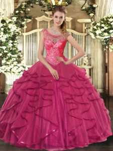 Hot Pink Scoop Neckline Beading and Ruffles Quince Ball Gowns Sleeveless Lace Up