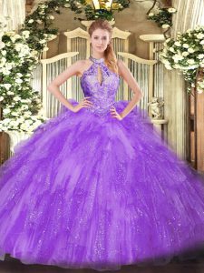 Beauteous Ball Gowns Sweet 16 Dresses Lavender Halter Top Organza Sleeveless Floor Length Lace Up