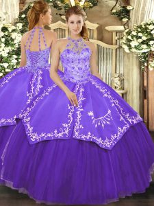 Purple Quinceanera Gowns Military Ball and Sweet 16 and Quinceanera with Beading and Embroidery Halter Top Sleeveless Lace Up