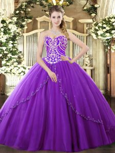 Romantic Purple Ball Gowns Tulle Sweetheart Sleeveless Beading Lace Up Sweet 16 Dresses Brush Train