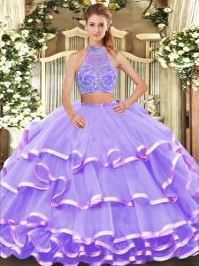 Floor Length Two Pieces Sleeveless Lavender Quince Ball Gowns Criss Cross