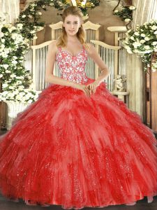 Straps Sleeveless 15th Birthday Dress Floor Length Beading and Ruffles Coral Red Organza