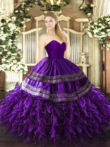 Best Selling Organza and Taffeta Sweetheart Sleeveless Zipper Embroidery and Ruffles 15th Birthday Dress in Purple