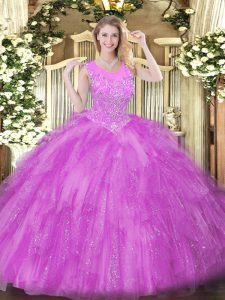 Scoop Sleeveless Quinceanera Dress Floor Length Beading and Ruffles Lilac Tulle