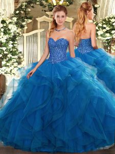 Blue Tulle Lace Up Sweetheart Sleeveless Floor Length Quinceanera Dress Beading and Ruffles