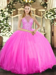 Halter Top Sleeveless Tulle Vestidos de Quinceanera Beading Lace Up