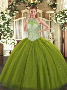 Top Selling Olive Green Sleeveless Tulle Lace Up Quinceanera Dress for Military Ball and Sweet 16 and Quinceanera