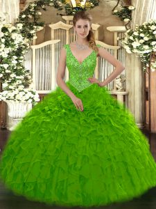 Green Organza Zipper Quince Ball Gowns Sleeveless Floor Length Beading and Ruffles