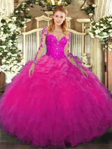 Pretty Organza Long Sleeves Floor Length Sweet 16 Dresses and Lace and Ruffles