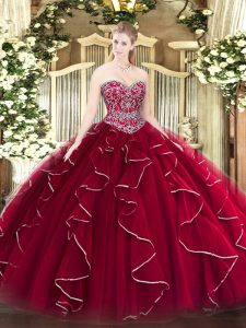Wine Red Sweetheart Neckline Beading and Ruffles Quinceanera Dresses Sleeveless Lace Up