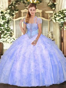 New Style Light Blue Tulle Lace Up Quinceanera Dress Sleeveless Floor Length Appliques and Ruffles