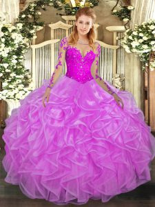 Lilac Lace Up Quince Ball Gowns Lace and Ruffles Long Sleeves Floor Length