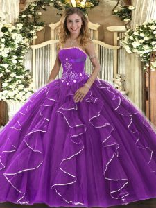 Edgy Purple Lace Up Quinceanera Gown Beading and Ruffles Sleeveless Floor Length