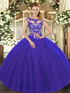 Beading and Appliques Quinceanera Dresses Royal Blue Lace Up Cap Sleeves Floor Length