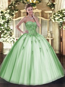 Floor Length Lace Up Quinceanera Dress Apple Green for Military Ball and Sweet 16 and Quinceanera with Beading and Appliques