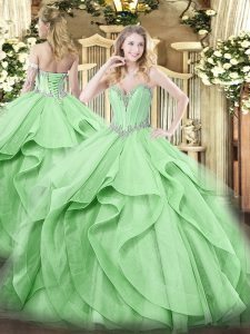 Green Sleeveless Beading and Ruffles Floor Length 15 Quinceanera Dress