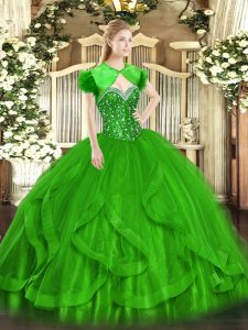 Tulle Sweetheart Sleeveless Lace Up Beading and Ruffles Vestidos de Quinceanera in Green