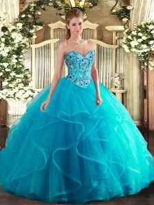 Adorable Embroidery and Ruffles Sweet 16 Dress Aqua Blue Lace Up Sleeveless Floor Length