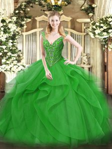 Sleeveless Tulle Floor Length Lace Up Sweet 16 Dress in Green with Beading and Ruffles