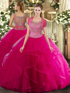 Scoop Sleeveless Clasp Handle Quinceanera Gowns Hot Pink Tulle