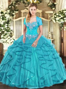 Shining Aqua Blue Ball Gowns Sweetheart Sleeveless Tulle Floor Length Lace Up Beading and Ruffles Quinceanera Dress