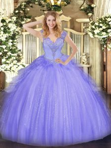 Floor Length Lavender Quinceanera Gown Tulle Sleeveless Beading