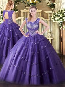 Spectacular Tulle Scoop Sleeveless Lace Up Beading and Appliques Ball Gown Prom Dress in Purple