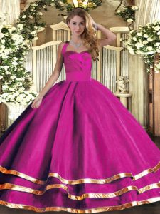 Hot Sale Fuchsia Lace Up Quinceanera Dresses Ruffled Layers Sleeveless Floor Length